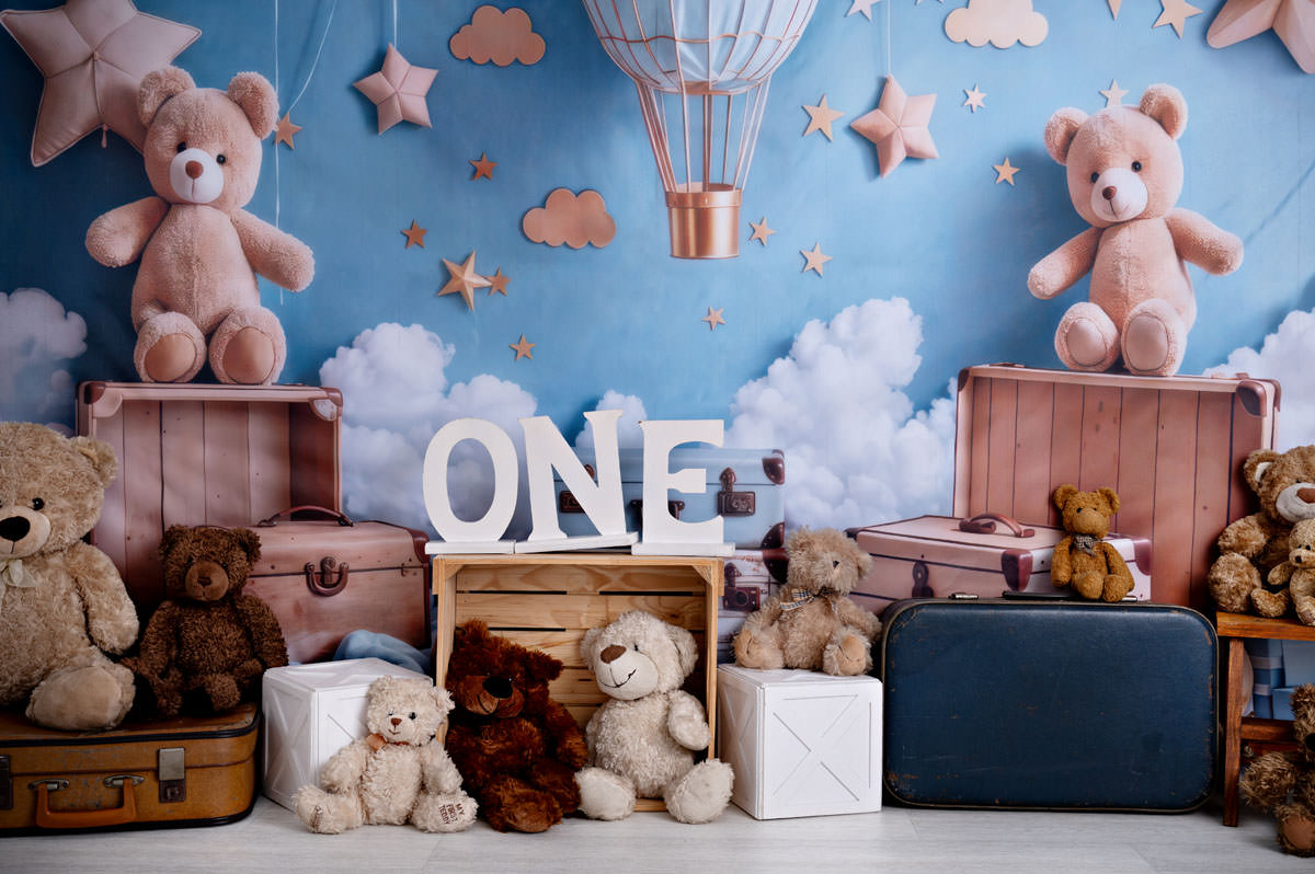 blue and brown teddy bear cake smash photoshooth