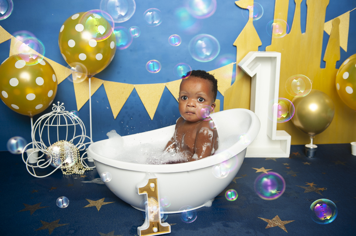 baby in bubble bath and swimming