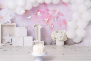 pink and white cake smash