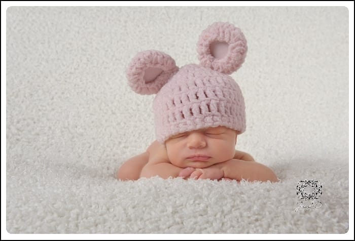 pink bear hat on baby girl