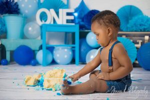 Blue and white first birthday cake smash celebration photo studio