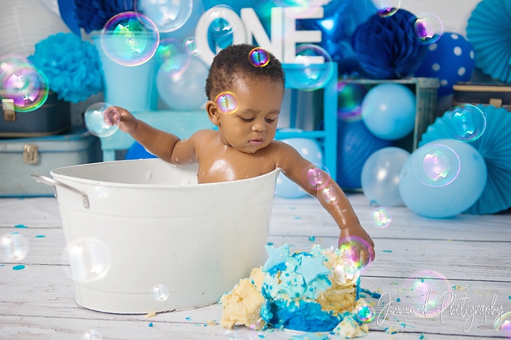 Blue and white first birthday cake smash photographer waverley