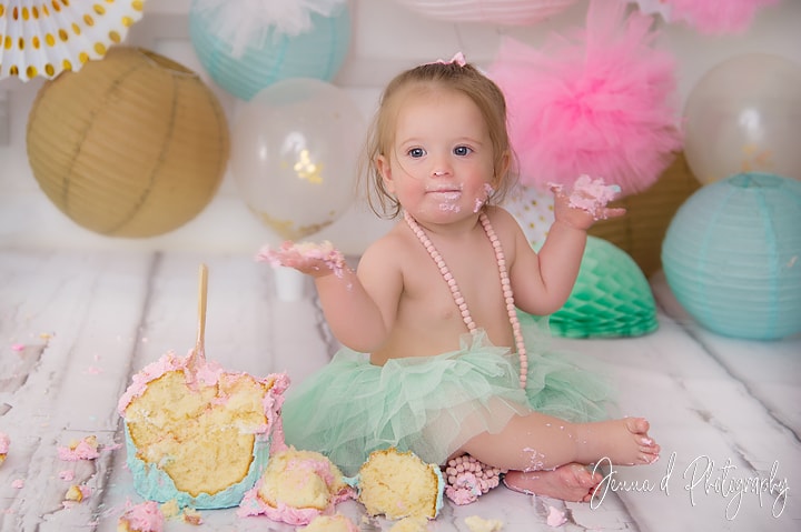 First birthday photographer - Pink mint and gold cake smash photo shoot