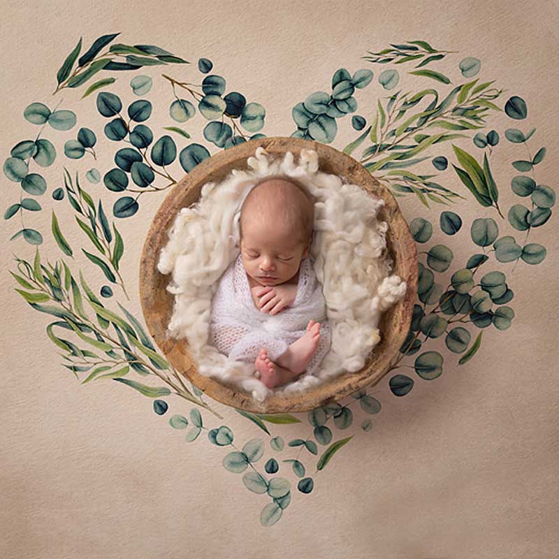 Baby in bowl, wrapped in white lace. Bowl placed on Beautiful Heart