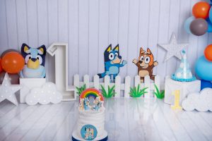 white backdrop with bluey and bingo cake smash setup