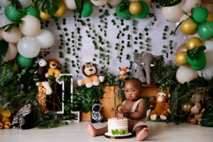 First birthday portrait with baby and cake in safari animal studio setup