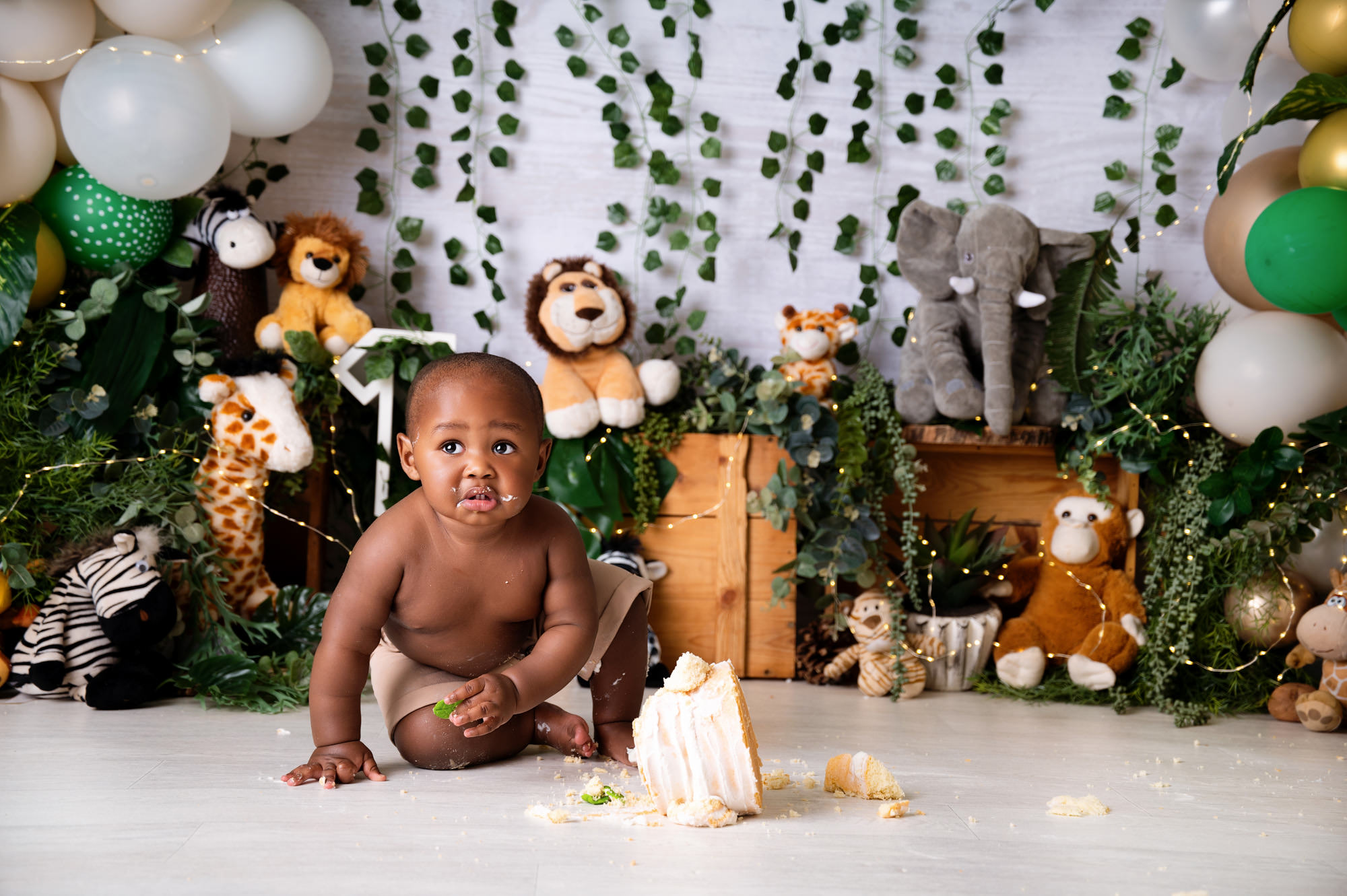 Baby crawling in safari-themed cake smash setup with greenery and number one – 1st Birthday Cake Pretoria North.