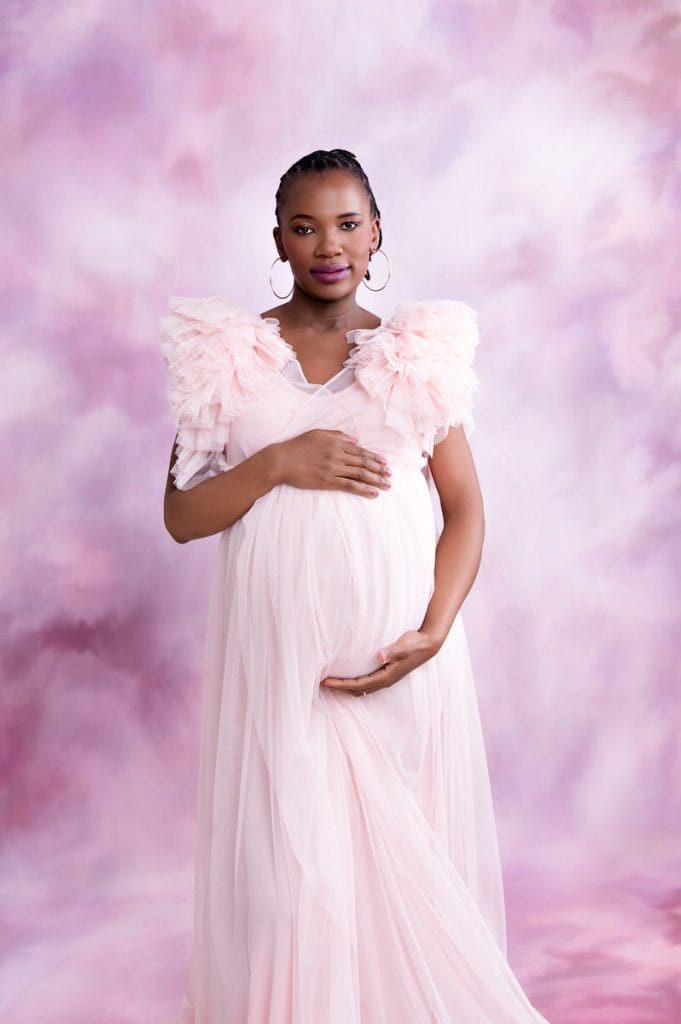 Soft pink maternity gown portrait in Pretoria studio