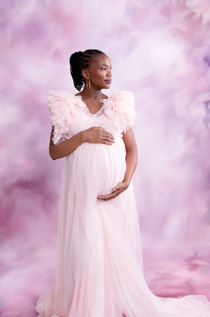Soft pink maternity gown portrait in Pretoria studio