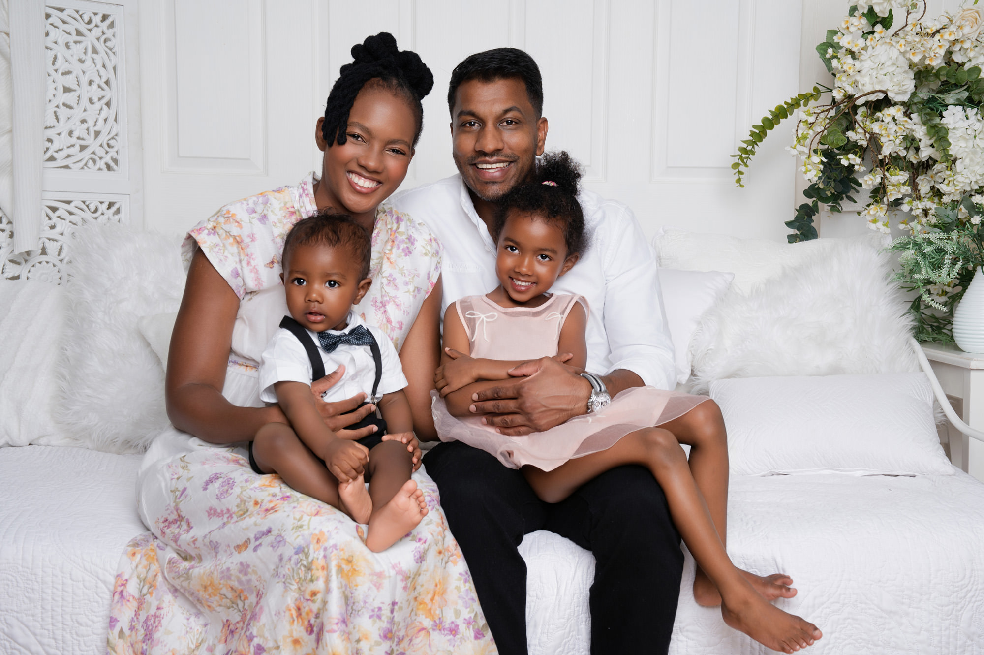 parents with school going kids on a couch ready to go to daycare and nursery school in waverley